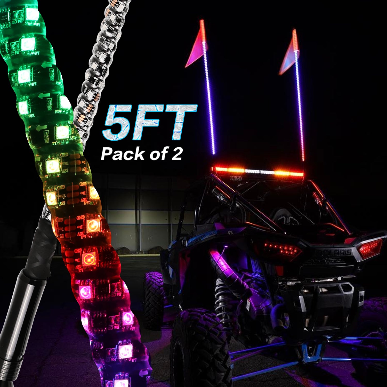 2pcs 5ft Led Whip Lights for Utv ATV Polaris Off Road Truck RZR Buggy ...