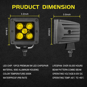 Amber LED Pod Fog Lights 3 Inch 100w for Truck, Jeep, and Off-Road, IP68 Waterproof