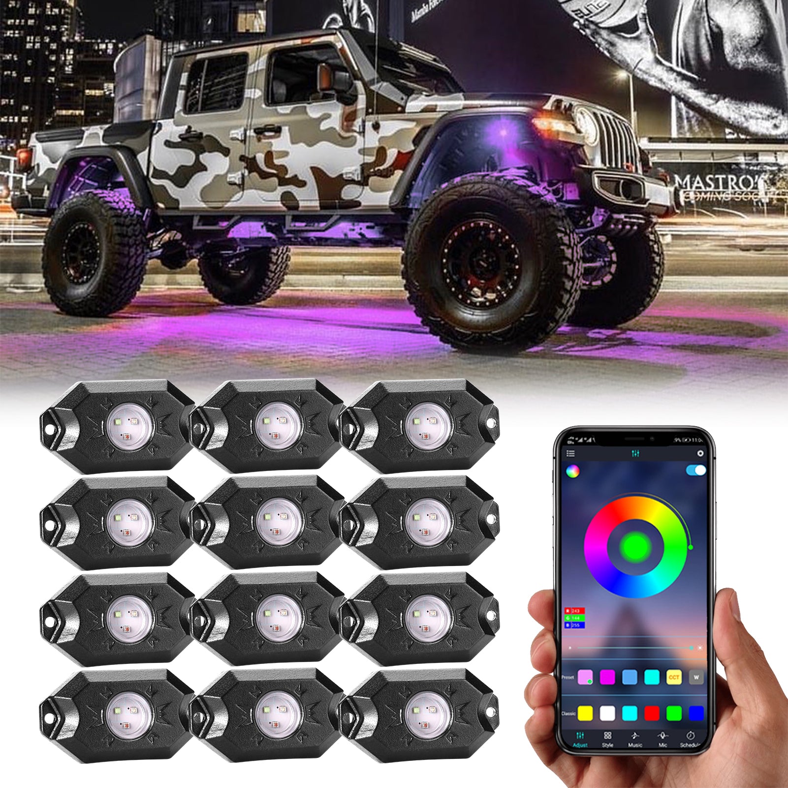 12 pods RGB LED Rock Lights Kit for Car Truck Atv Rzr Utv Suv Off Road –  YCHOW-TECH